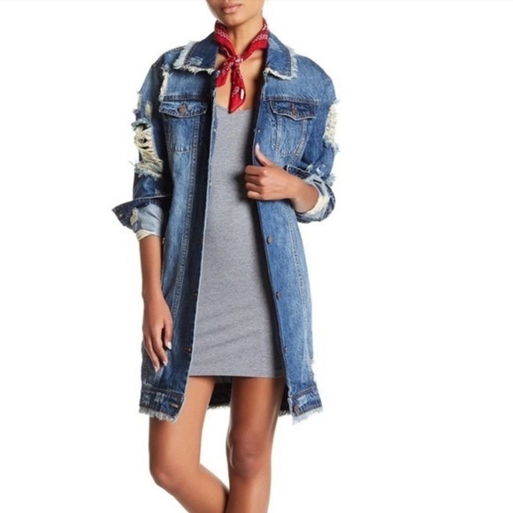 Love, Fire Long Distressed Ripped Denim Jean Jacket - Picture 15 of 16